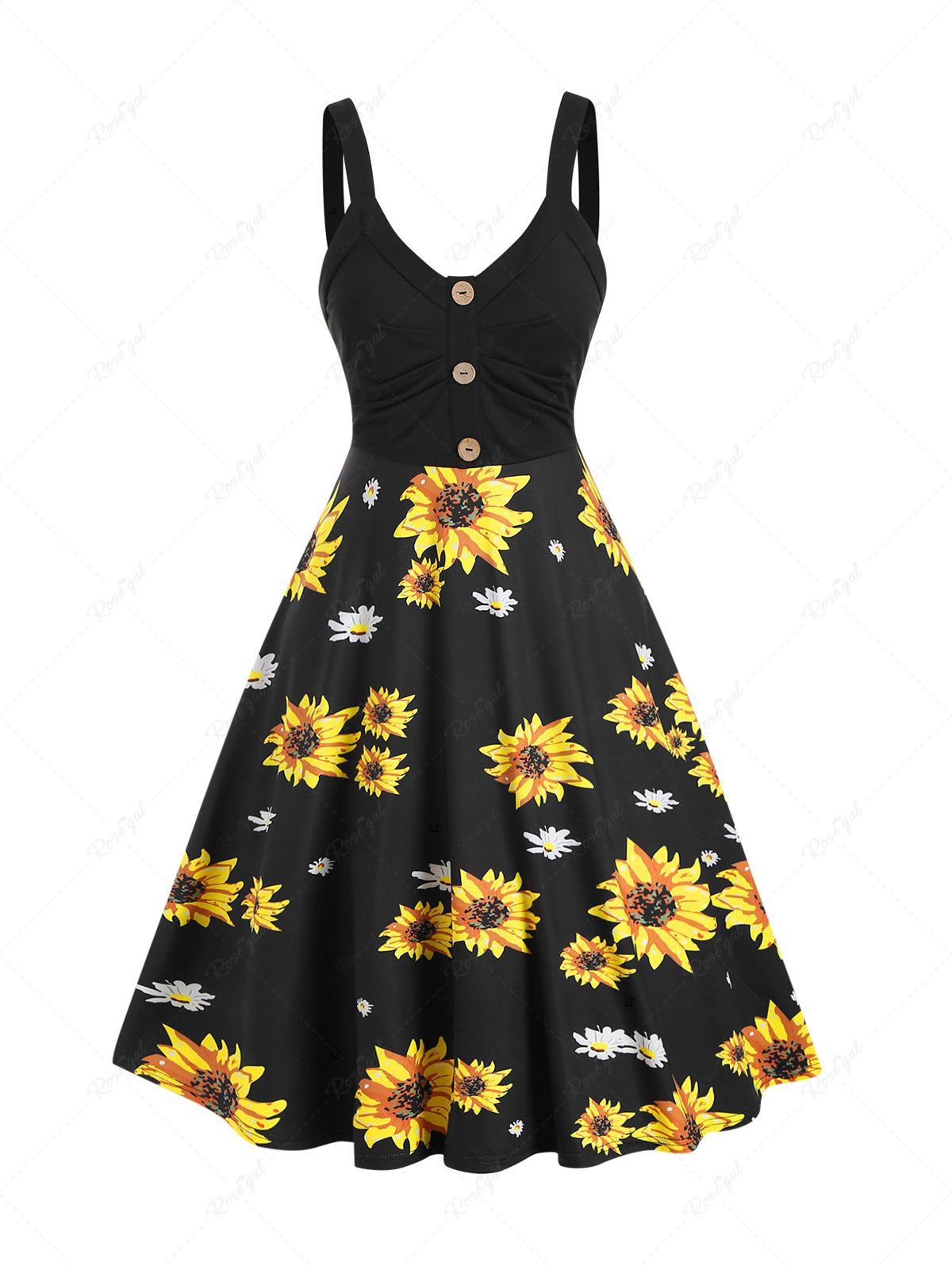 Robe Ligne A à Bretelle à Imprimé Tournesol avec Bouton Multi XL