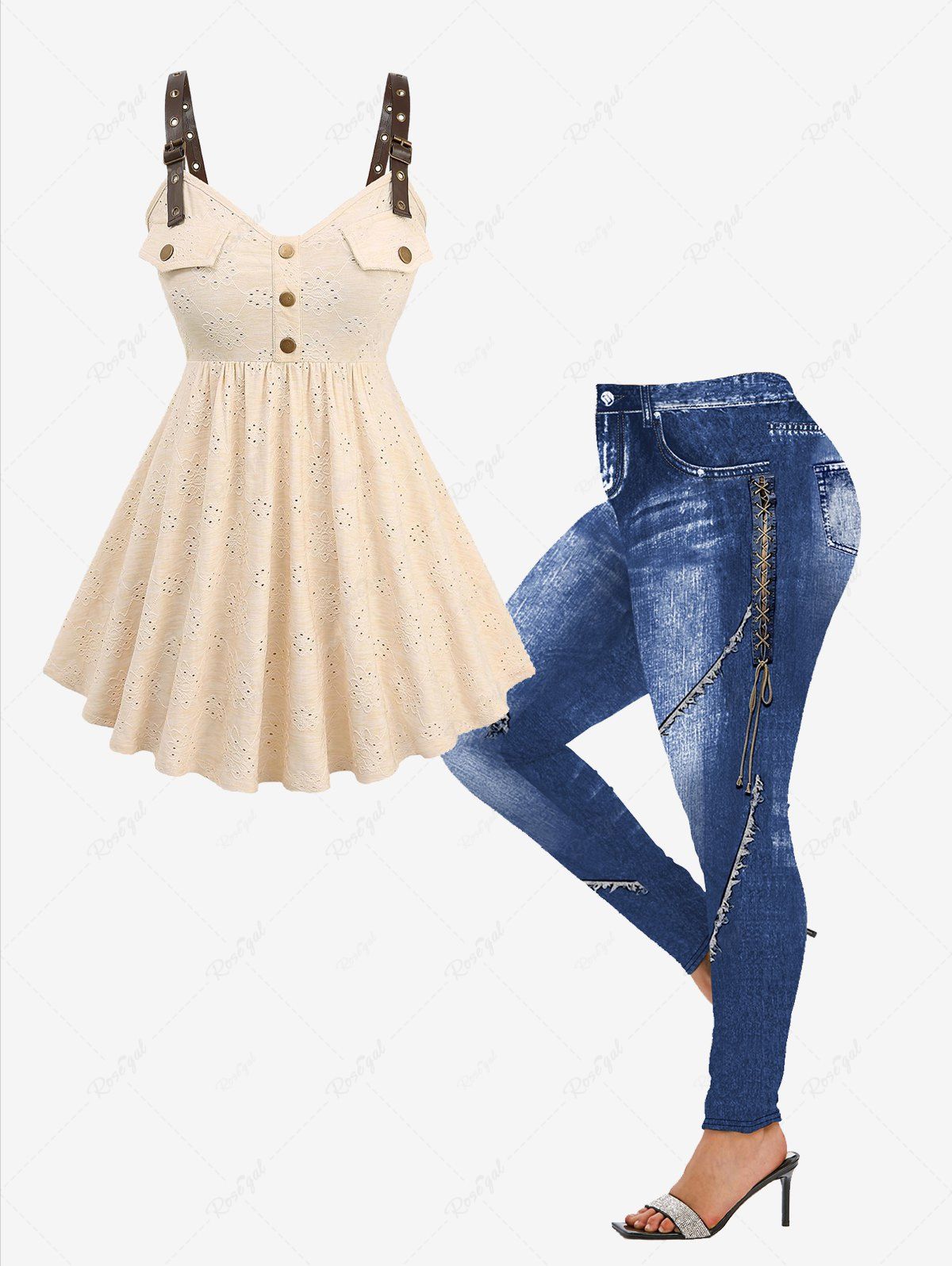 Discount Hollow Out Jacquard Mock Buttons PU Strap Buckle Grommet Backless Tank Top and Skinny Leggings Plus Size Outfit  