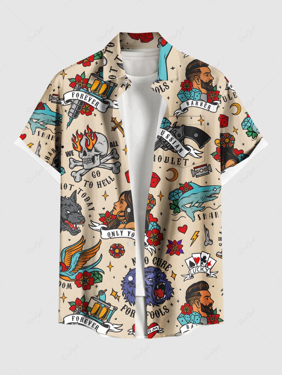 Outfit Plus Size Flowers Sharks Cross Skulls Retro Series Print Buttons Pocket Hawaii Shirt For Men  