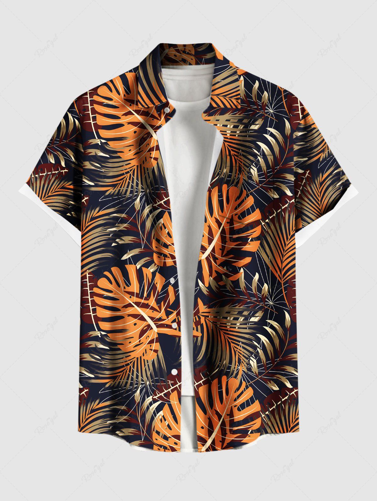 Latest Plus Size Tropical Leaf Print Buttons Pocket Hawaii Shirt For Men  