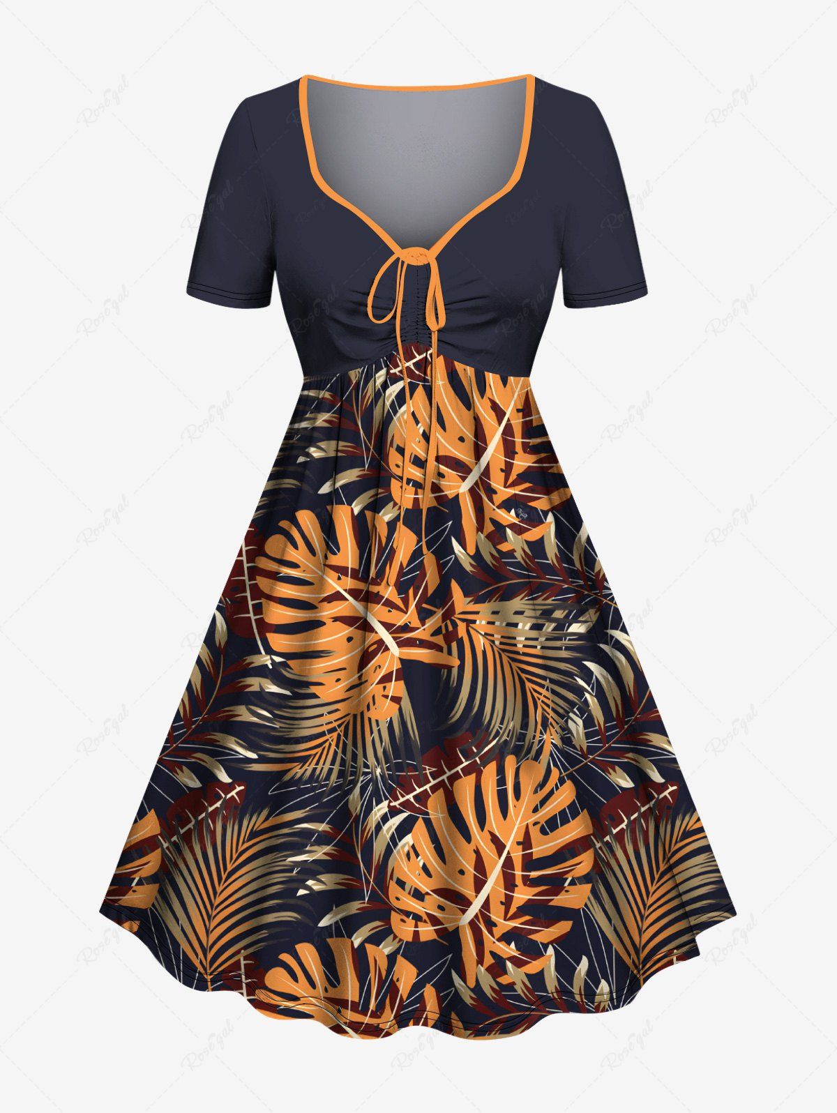 Latest Plus Size Tropical Leaf Print Cinched Hawaii Dress  