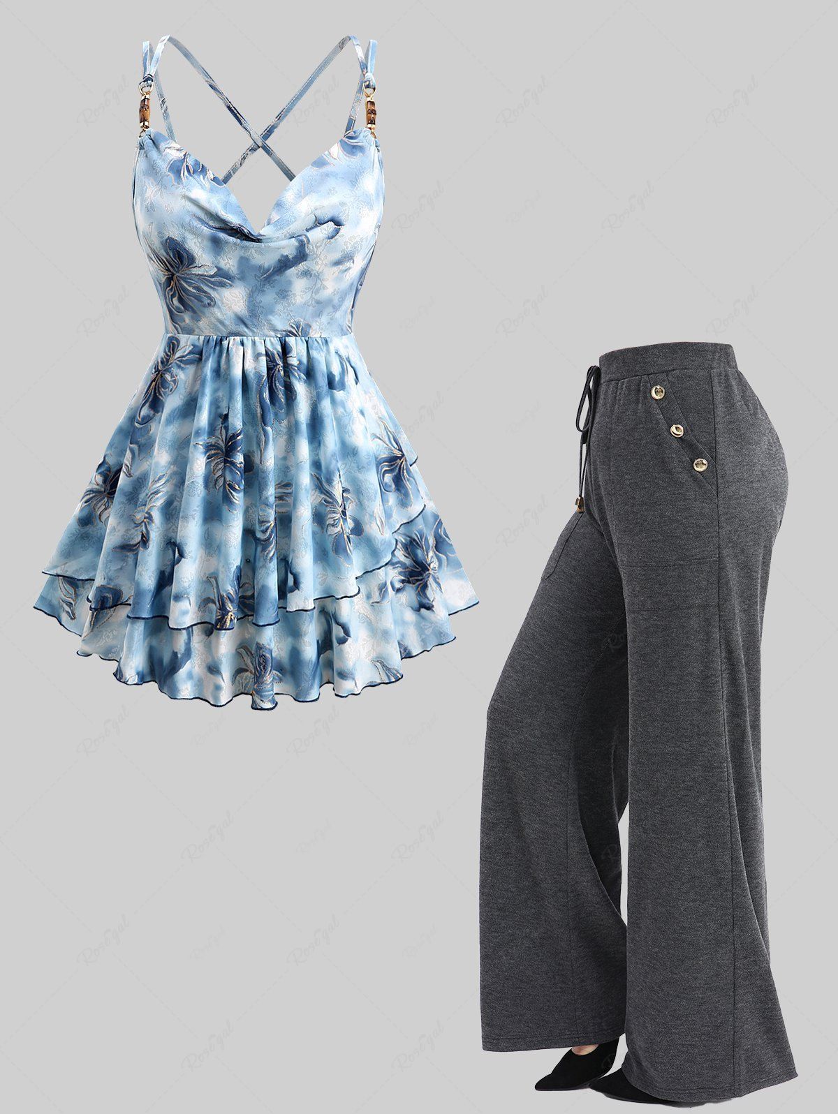 Outfits Gilding Ombre Flower Print Crisscross Top and Pocket Drawstring Marled Wide Leg Pants Plus Size Outfit  