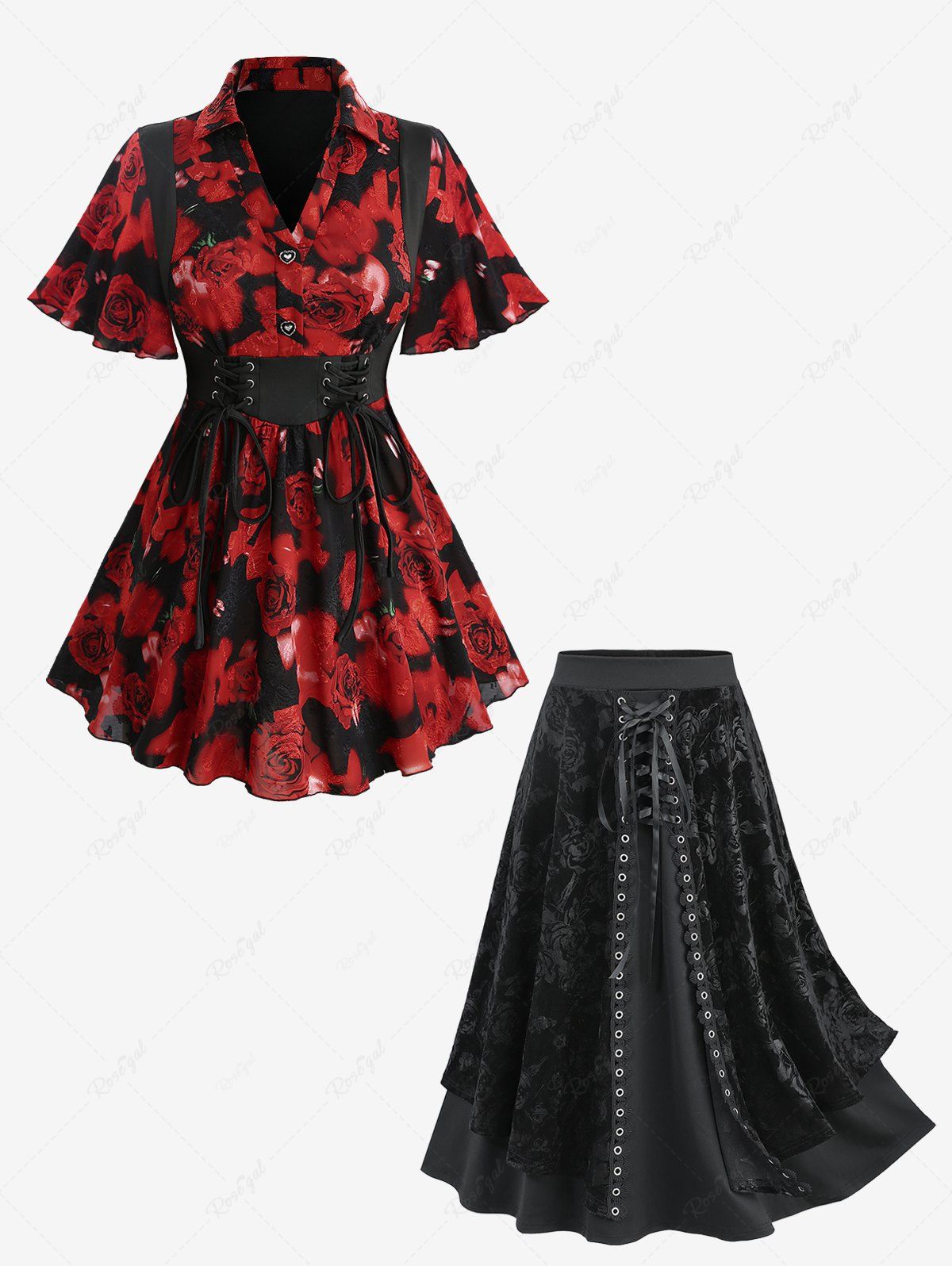 Fancy Rose Flower Print Jacquard Blouse and Embossed Lace Up Layered A Line Skirt Plus Size Outfit  