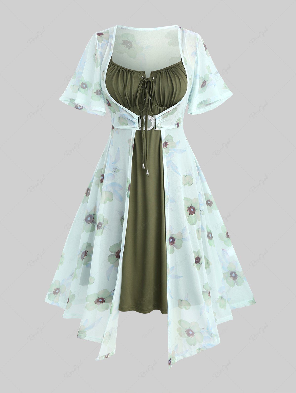 Affordable Plus Size Flutter Sleeves Floral Dress and Lace-up A Line Cami Dress Set  