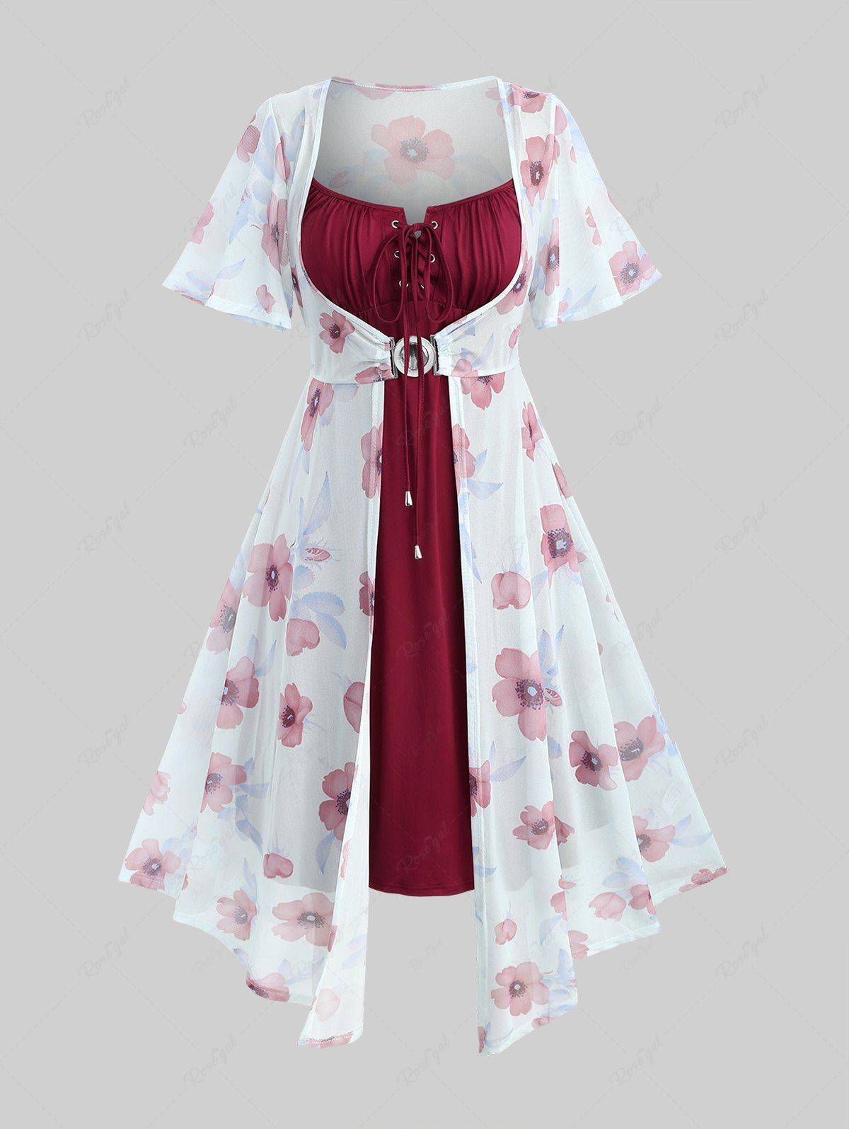 Discount Plus Size Flutter Sleeves Floral Dress and Lace-up A Line Cami Dress Set  