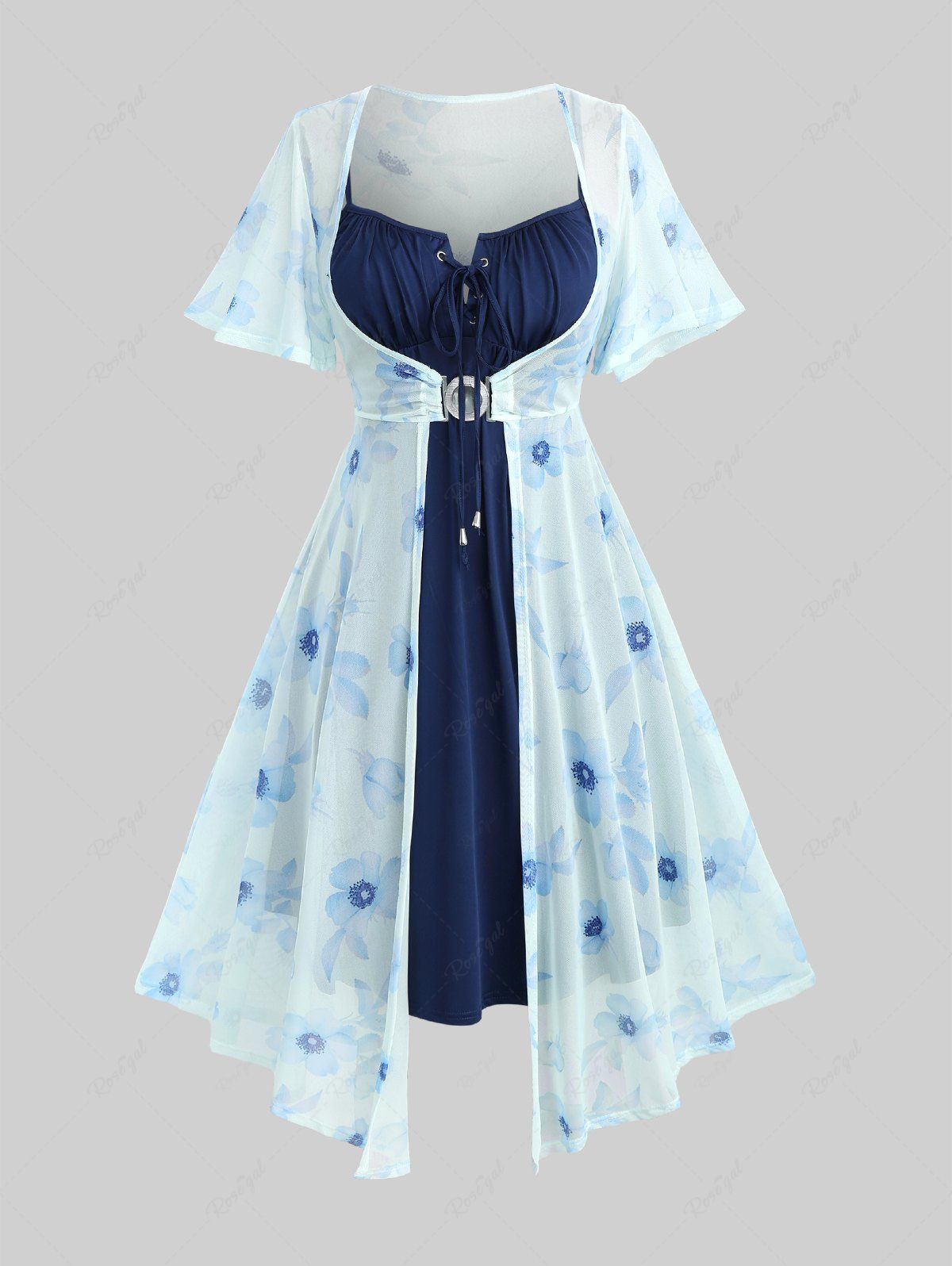 Latest Plus Size Flutter Sleeves Floral Dress and Lace-up A Line Cami Dress Set  