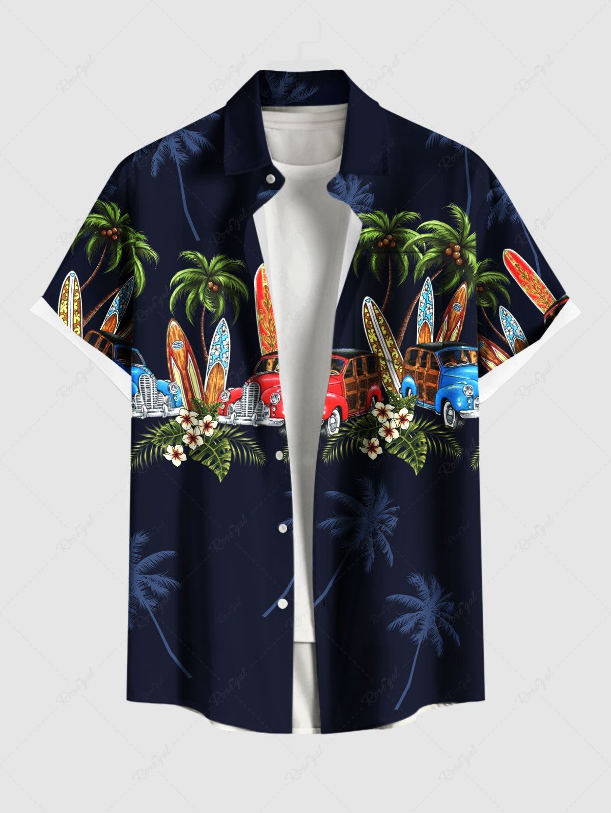 Outfits Plus Size Coconut Tree Car Tropical Flowers Surfboard Print Buttons Pocket Hawaii Shirt For Men  