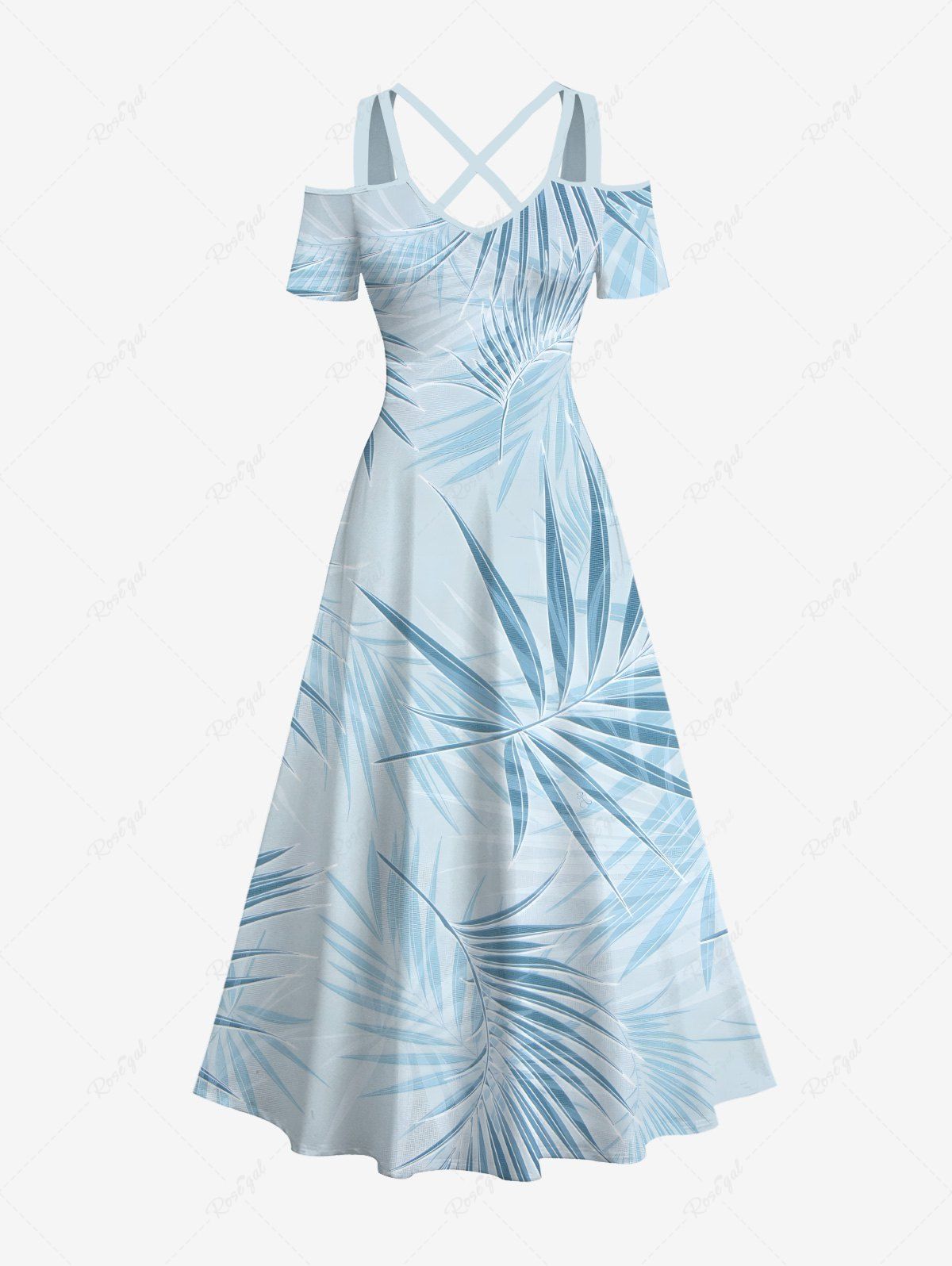 Trendy Plus Size Tropical Leaf Print Cold Shoulder Crisscross Hawaii Maxi Dress  