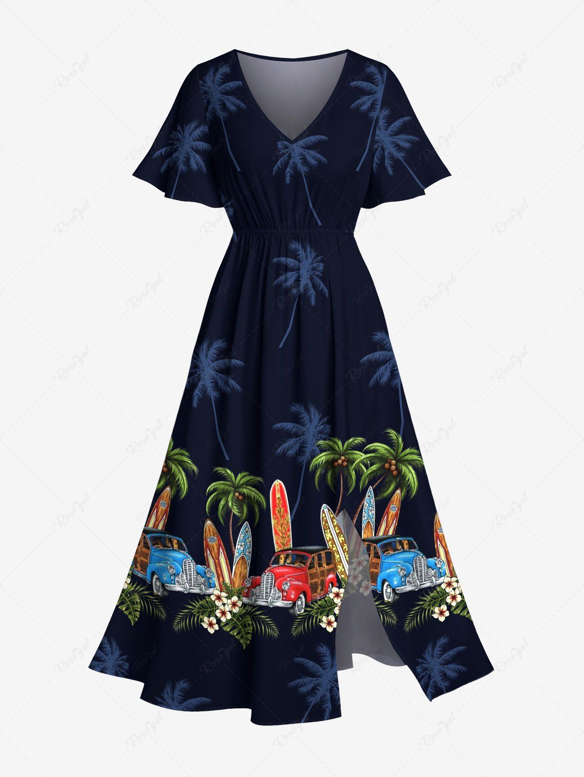 Hot Plus Size Coconut Tree Car Tropical Flowers Surfboard Print Split Hawaii Midi Dress  