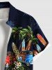 Chemise Motif Arbre de Noix de Coco et Fleurs Tropicales avec Poche Grande Taille pour Hommes - Bleu profond M