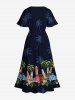 Robe Cache-Coeur Mi-longue Imprimé Arbre Florale Tropicale Grande Taille - Bleu profond 5X