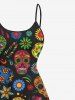 Robe Hawaiienne à Bretelle Haute Basse Fleurie Crâne Imprimée de Grande Taille - Noir 1X