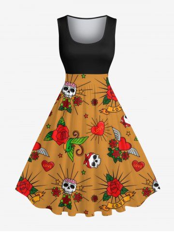Plus Size Skull Rose Flower Heart Wing Print Hawaii 1950s Vintage Swing A Line Dress - BLACK - XXS