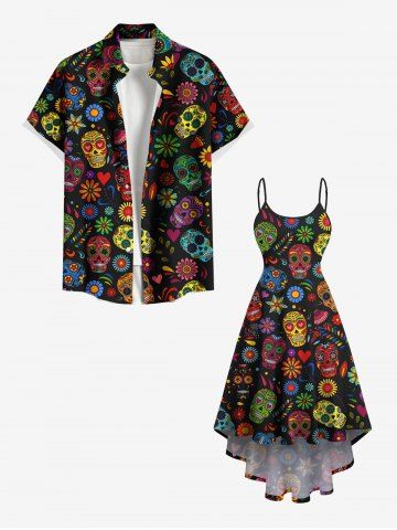 Floral Skulls Heart Print Plus Size Matching Hawaii Beach Outfit For Couples
