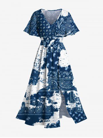 Plus Size Ethnic Paisley Mottled Print Hawaii Split Pocket A Line Midi Dress - BLUE - 4X