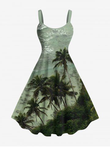 Plus Size Coconut Tree Sea Waves Print Hawaii A Line Tank Dress - GREEN - XS