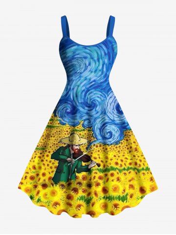 Plus Size Oil Painting Swirls Musician Sunflowers Print Hawaii Tank Dress - YELLOW - M