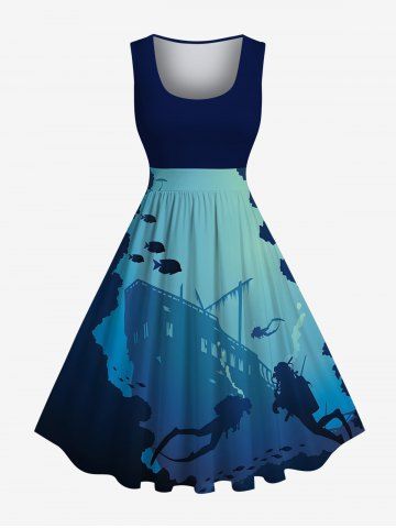 Plus Size Diver Fish Cruise Ship Colorblock Print 1950s Vintage Hawaii Dress - BLUE - XXS