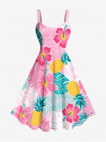 Plus Size Topical Leaf Hibiscus Flowers Pineapple Print Hawaii Tank Dress - LIGHT PINK - XXS