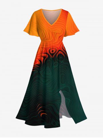 Robe Mi-Longue Bouclée Portable Motif Abstrait en Blocs de Couleurs de Grande Taille - DARK ORANGE - 6X