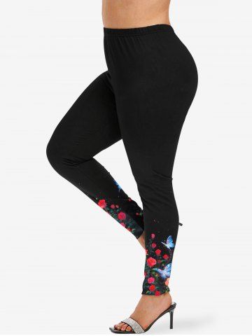 Plus Size Rose Flower Glitter Butterfly Print Skinny Leggings - BLACK - M