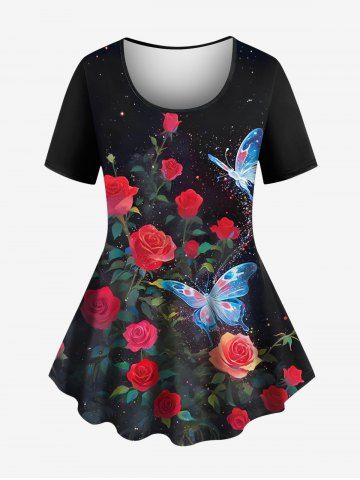 Plus Size Rose Flower Glitter Butterfly Print Women T-shirt - BLACK - 2X