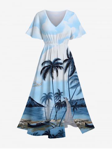 Plus Size Coconut Tree Seascape Ombre Sky Print Hawaii Split Pocket A Line Midi Dress - BLUE - 5X