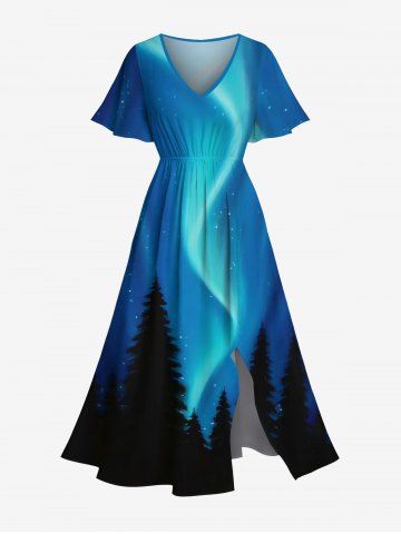 Plus Size Galaxy Star Tree Light Beam 3D Print Split Hawaii Midi Dress - BLUE - L
