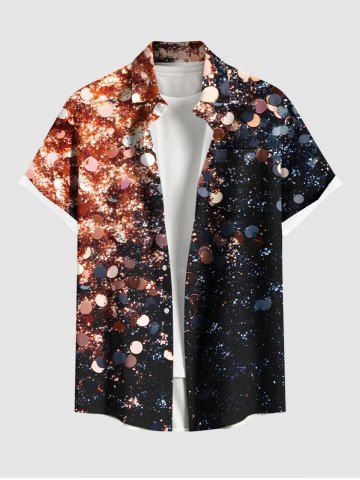 Plus Size Glitter Galaxy Sequins Print Hawaii Button Pocket Shirt For Men - BLACK - 6XL