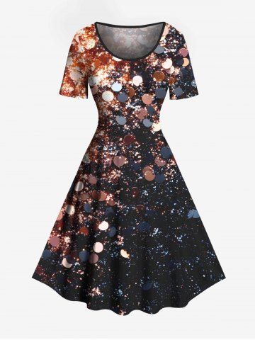 Plus Size Glitter Galaxy Sequins Print Hawaii Vintage A Line Dress - BLACK - 3X