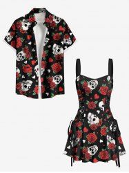 Tenue de Plage pour Couples en Forme de Cœur à Imprimé Roses et Crâne - Rouge 