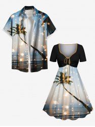 Coconut Tree Sea Glitter Sheer Mesh Light Spot Print Plus Size Matching Hawaii Beach Outfit For Couples -  