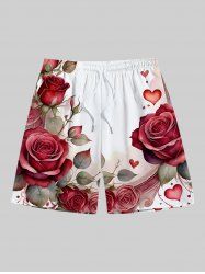 Plus Size Rose Flower Leaf Heart Print Hawaii Drawstring Beach Shorts For Men -  