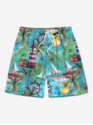 Plus Size Coconut Tree Tropical Leaves Sailboat Duck Print Hawaii Cruise Drawstring Beach Shorts For Men -  