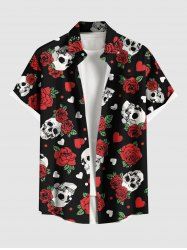 Plus Size Skull Rose Flower Leaf Heart Print Hawaii Button Pocket Shirt For Men -  