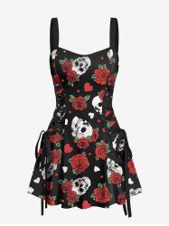 Skull Rose Flower Leaf Heart Print Hawaii Lace Up A Line Tank Dress -  