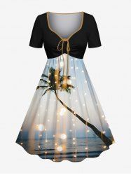 Plus Size Coconut Tree Sea Glitter Sheer Mesh Light Spot Print Hawaii Ombre Cinched A Line Dress -  