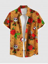 Plus Size Skull Rose Flower Heart Wing Print Hawaii Button Pocket Shirt For Men - café M