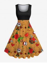 Plus Size Skull Rose Flower Heart Wing Print Hawaii 1950s Vintage Swing A Line Dress -  