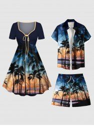Coconut Tree Tropical Flowers Seascape Print Plus Size Matching Hawaii Beach Outfit For Couples -  