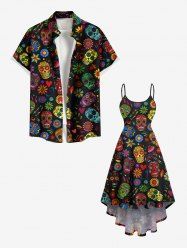 Floral Skulls Heart Print Plus Size Matching Hawaii Beach Outfit For Couples -  