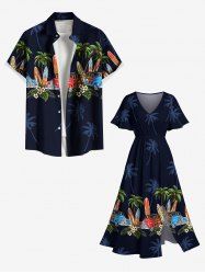 Tenue de Plage à Imprimé Cocotiers et Fleurs Tropicales Grande-Taille - Bleu profond 
