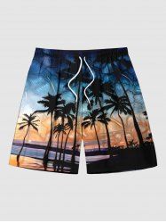 Short de Plage Hawaïen à Imprimé Cocotiers et Fleurs Tropicales Grande-Taille pour Hommes - Bleu 2XL