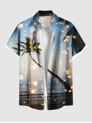 Plus Size Coconut Tree Sea Glitter Sheer Mesh Light Spot Print Hawaii Ombre Button Pocket Shirt For Men -  