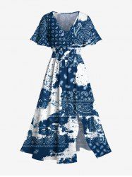 Plus Size Ethnic Paisley Mottled Print Hawaii Split Pocket A Line Midi Dress -  