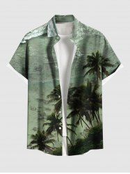 Plus Size Coconut Tree Sea Waves Print Hawaii Button Pocket Shirt For Men -  