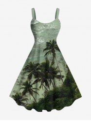 Plus Size Coconut Tree Sea Waves Print Hawaii A Line Tank Dress -  