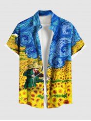 Chemise Décontractée Peinture à L'Huile Tournesol Imprimé avec Poche de Grande Taille - Jaune XL