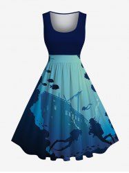 Plus Size Diver Fish Cruise Ship Colorblock Print 1950s Vintage Hawaii Dress -  