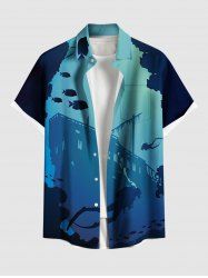 Plus Size Diver Fish Cruise Ship Colorblock Print Buttons Pocket Hawaii Shirt For Men -  